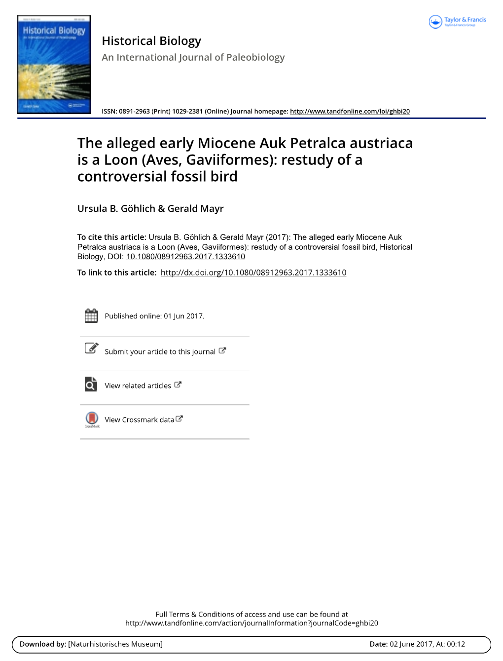 The Alleged Early Miocene Auk Petralca Austriaca Is a Loon (Aves, Gaviiformes): Restudy of a Controversial Fossil Bird