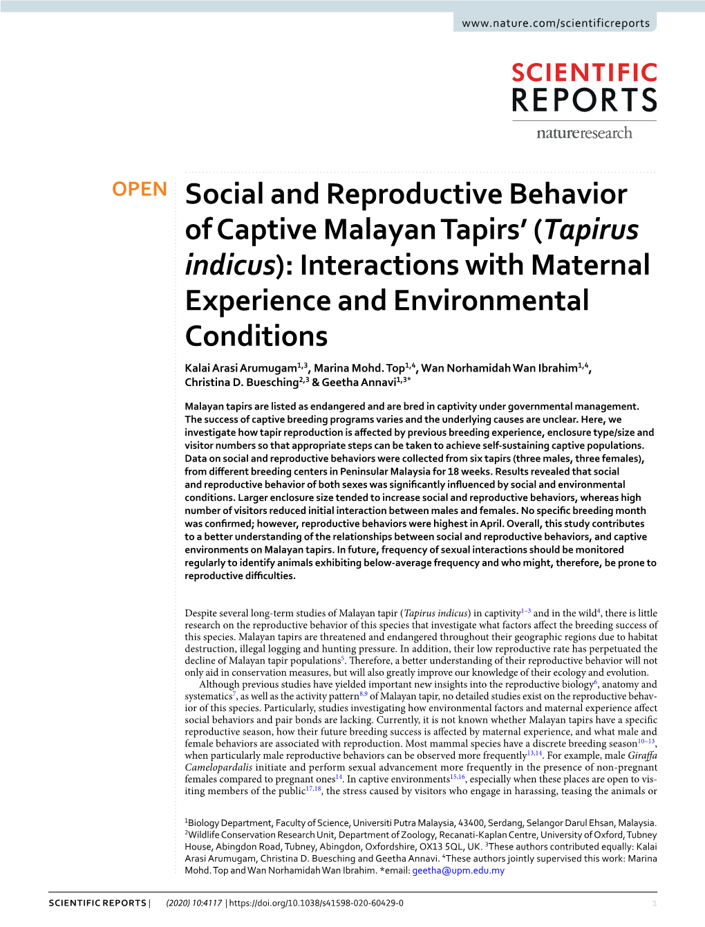 Social and Reproductive Behavior of Captive Malayan Tapirs