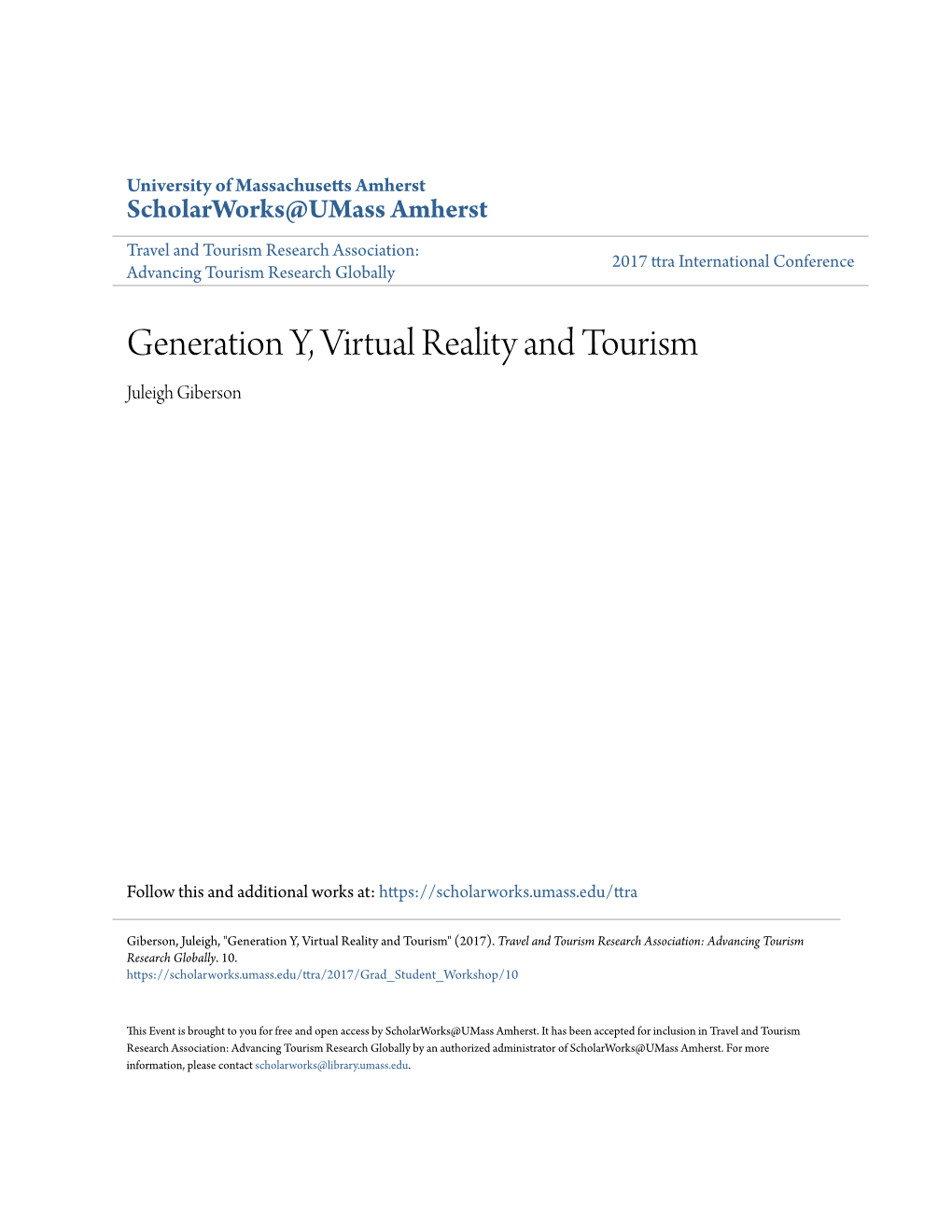 Generation Y, Virtual Reality and Tourism Juleigh Giberson