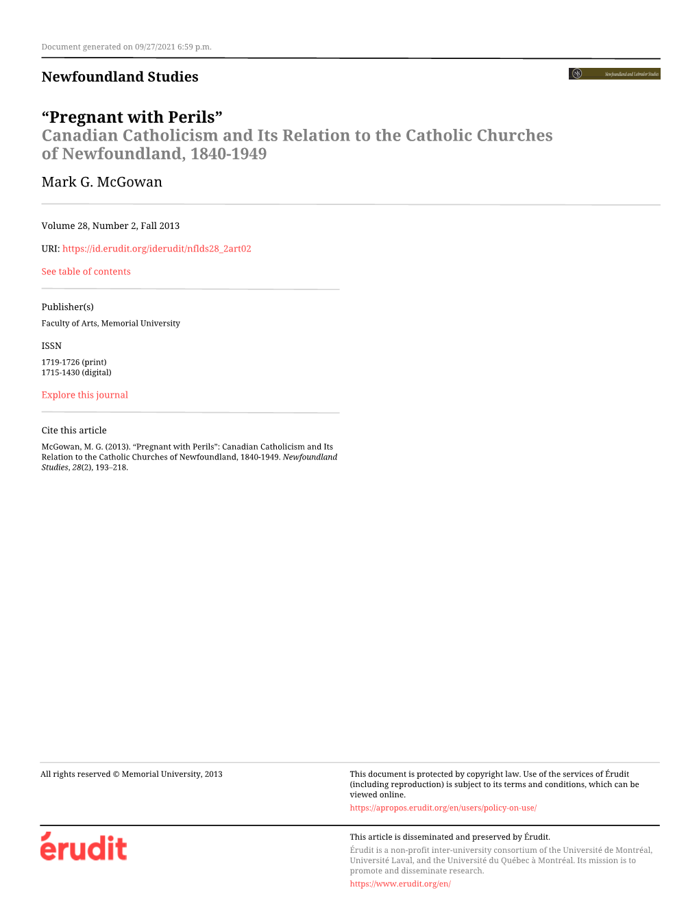 Canadian Catholicism and Its Relation to the Catholic Churches of Newfoundland, 1840-1949 Mark G