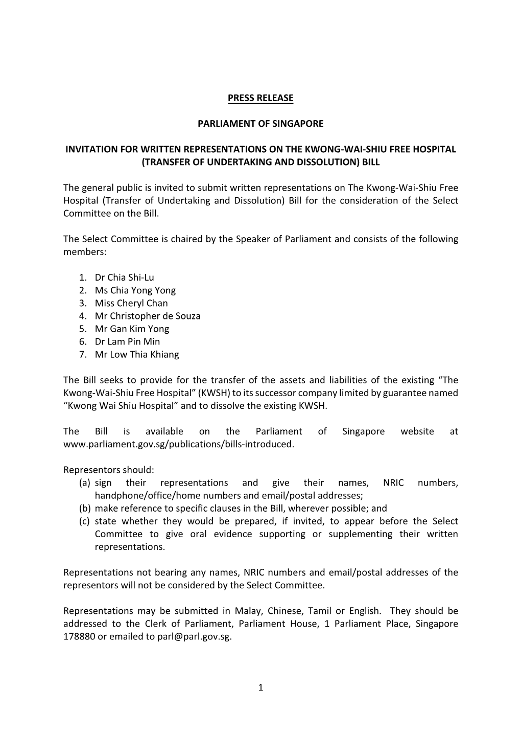 Invitation for Written Representations on the Kwong-Wai-Shiu Free Hospital (Transfer of Undertaking and Dissolution) Bill