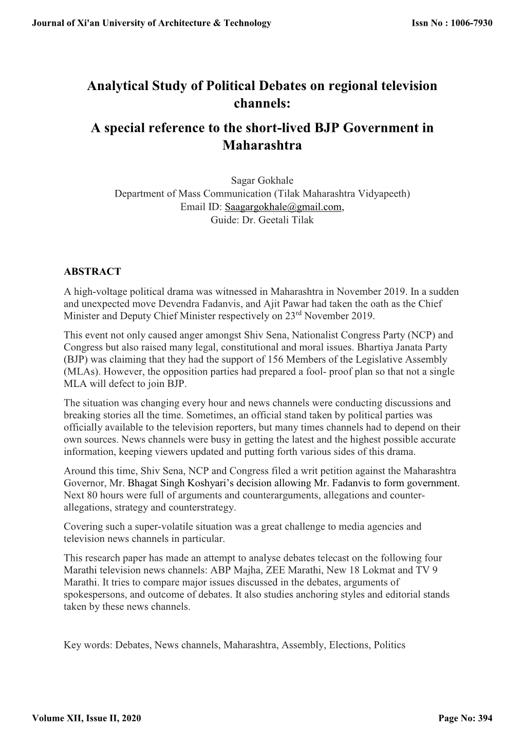 Analytical Study of Political Debates on Regional Television Channels: a Special Reference to the Short-Lived BJP Government in Maharashtra