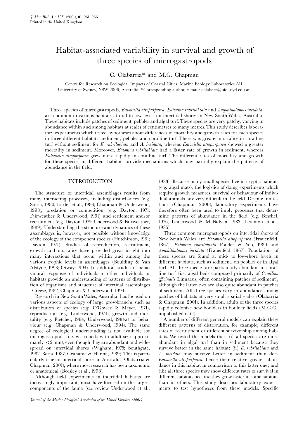 Habitat-Associated Variability in Survival and Growth of Three Species of Microgastropods