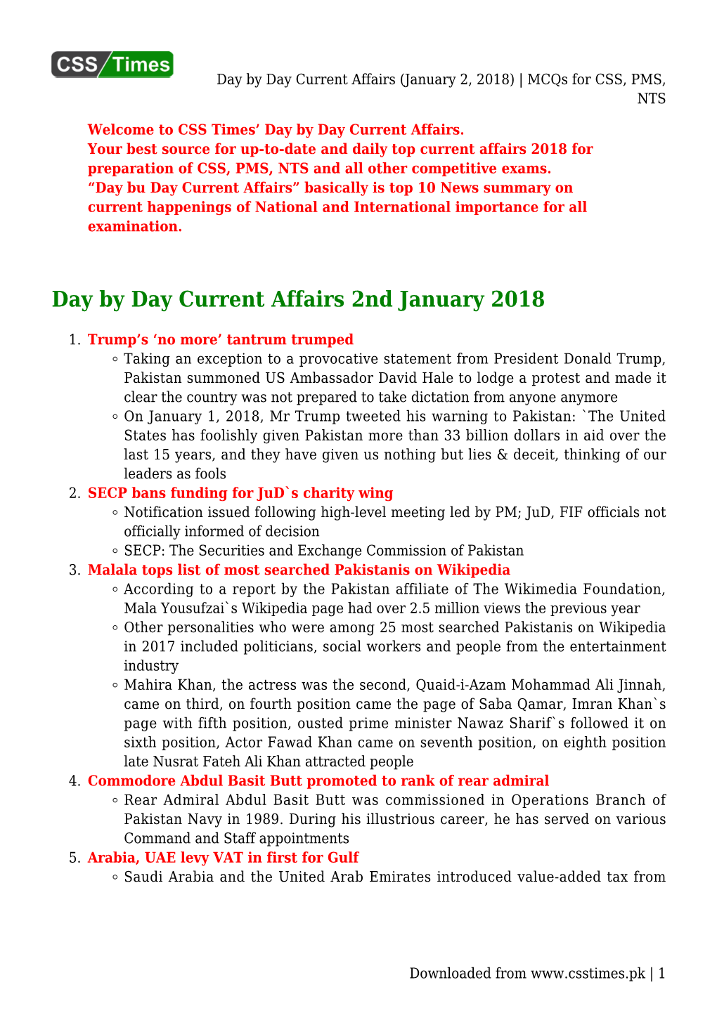 Day by Day Current Affairs (January 2, 2018) | Mcqs for CSS, PMS, NTS