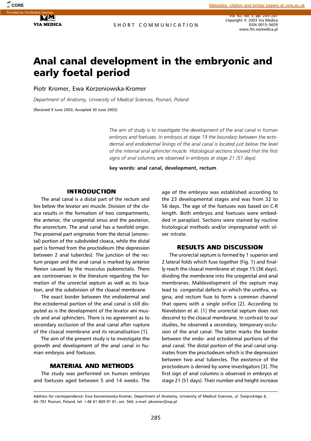 Anal Canal Development in the Embryonic and Early Foetal Period