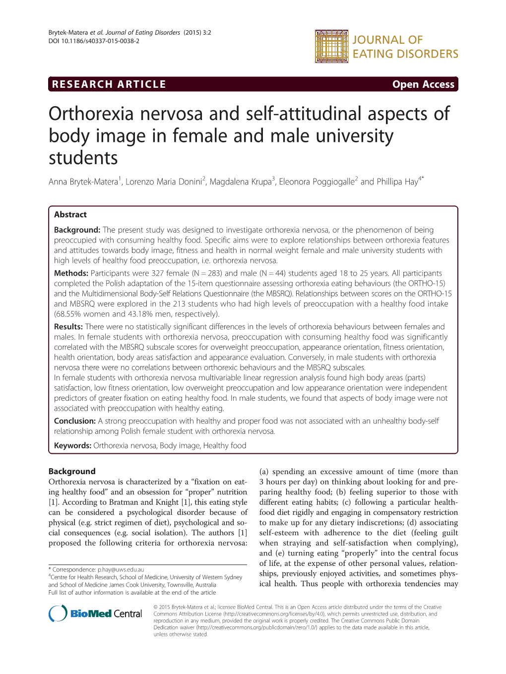 Orthorexia Nervosa and Self-Attitudinal Aspects of Body