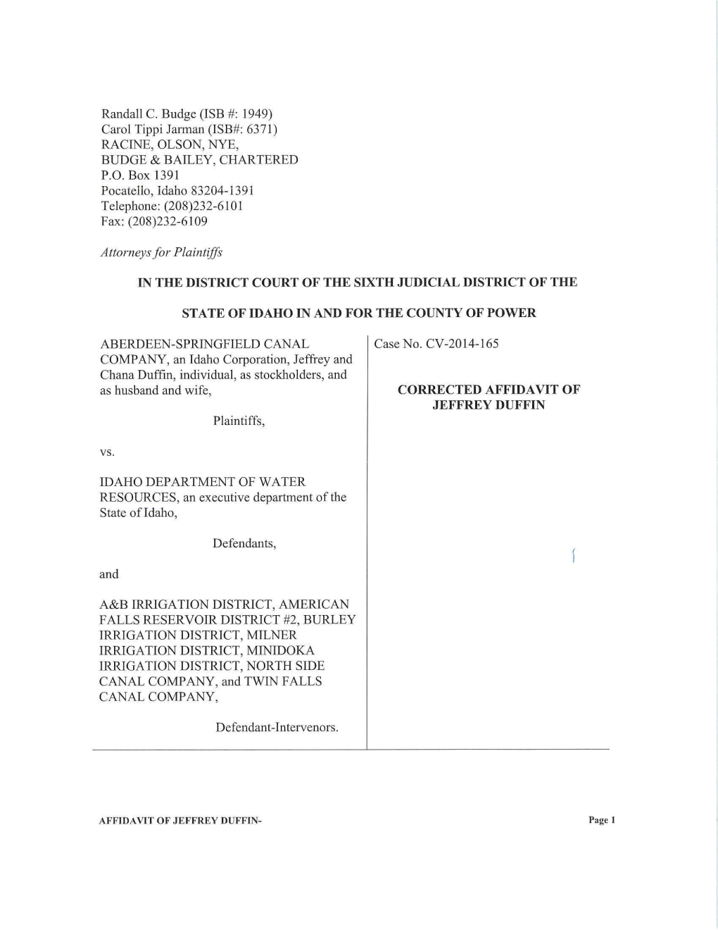 CORRECTED AFFIDAVIT of JEFFREY DUFFIN Plaintiffs, Vs