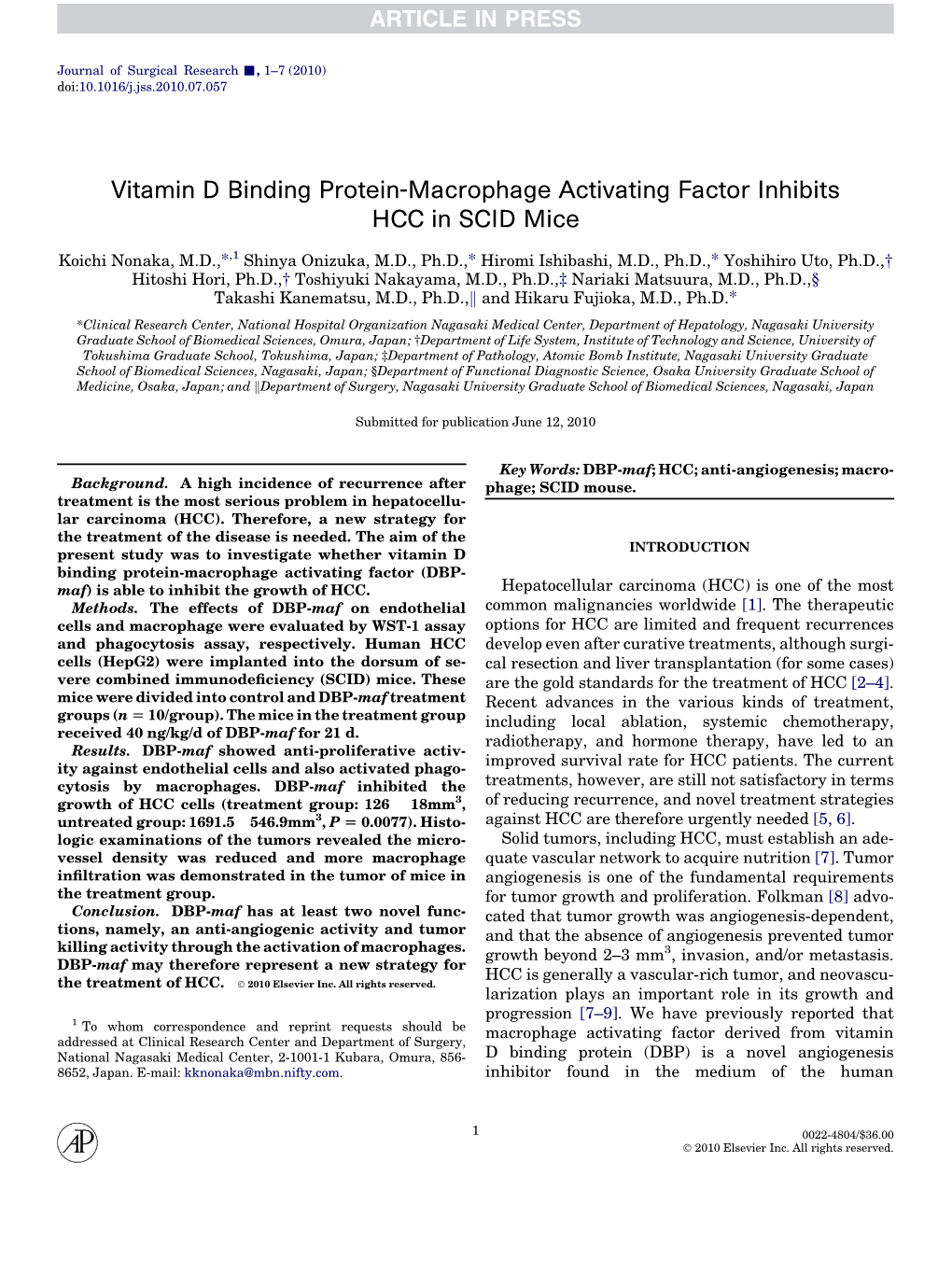 Vitamin D Binding Protein-Macrophage Activating Factor Inhibits HCC in SCID Mice