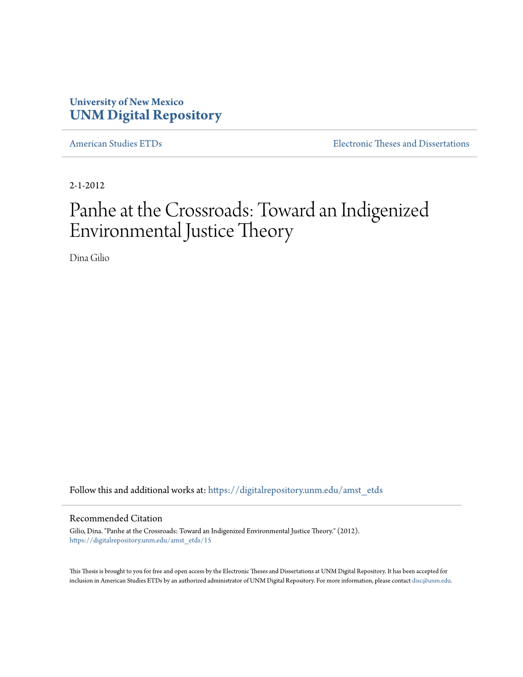 Panhe at the Crossroads: Toward an Indigenized Environmental Justice Theory Dina Gilio