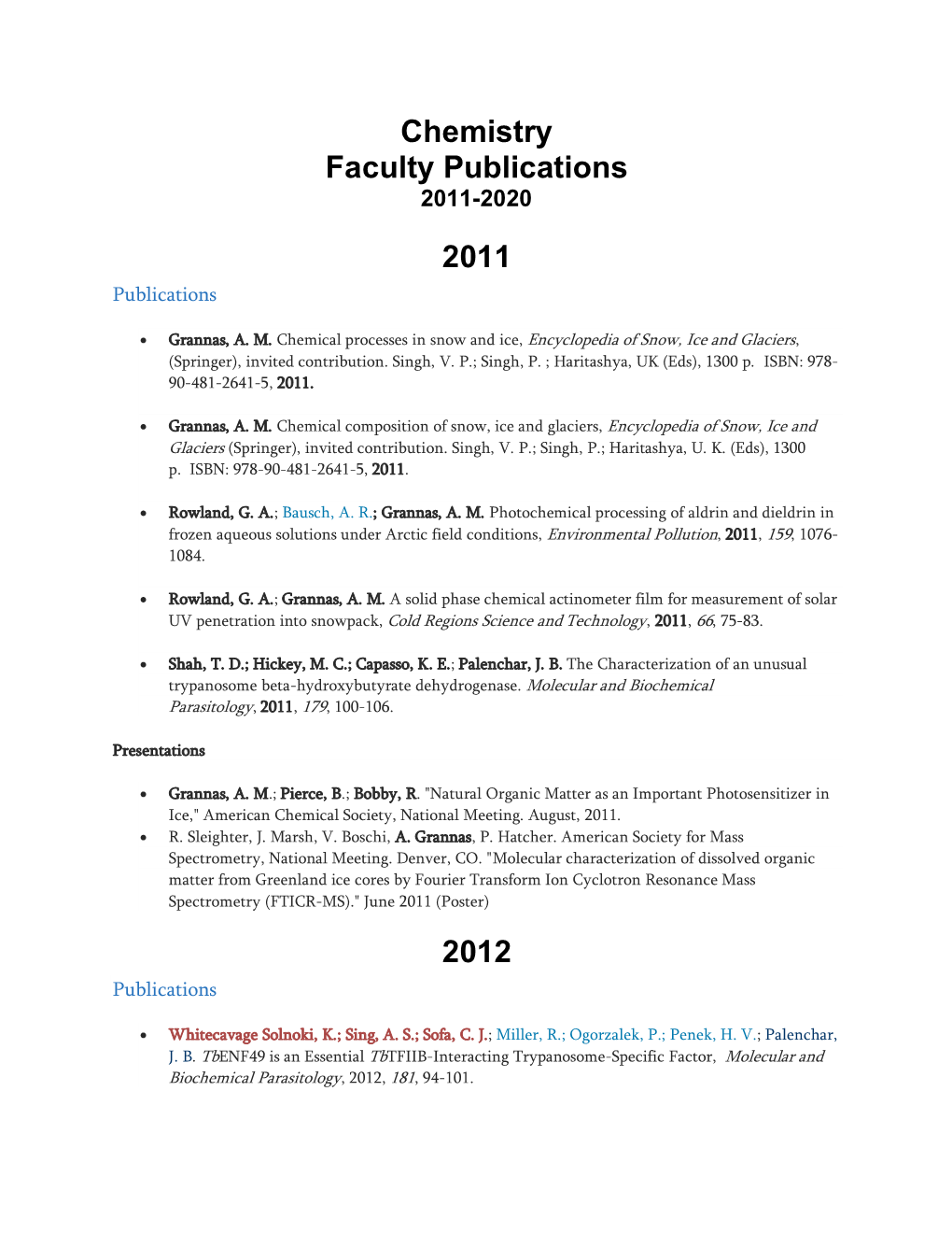 Villanova Chemistry Faculty Publications 2011-2020