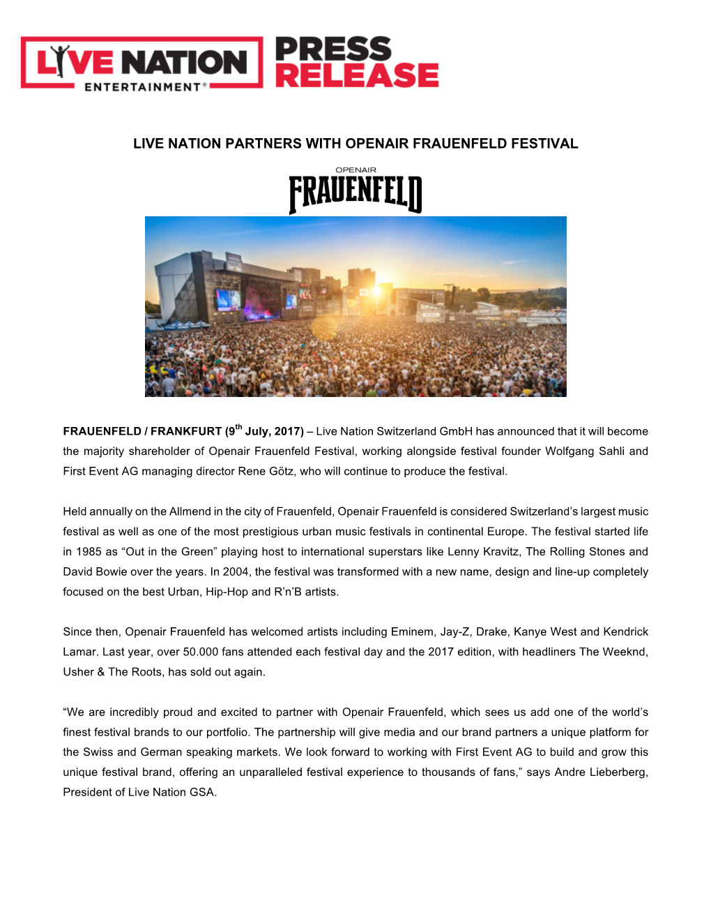 Live Nation Partners with Openair Frauenfeld Festival