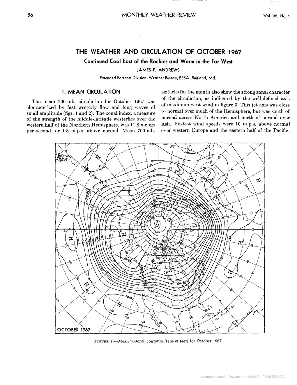 THE WEATHER and CIRCULATION of OCTOBER 1967 Continued Cool East of the Rockies and Warm in the Far West JAMES F