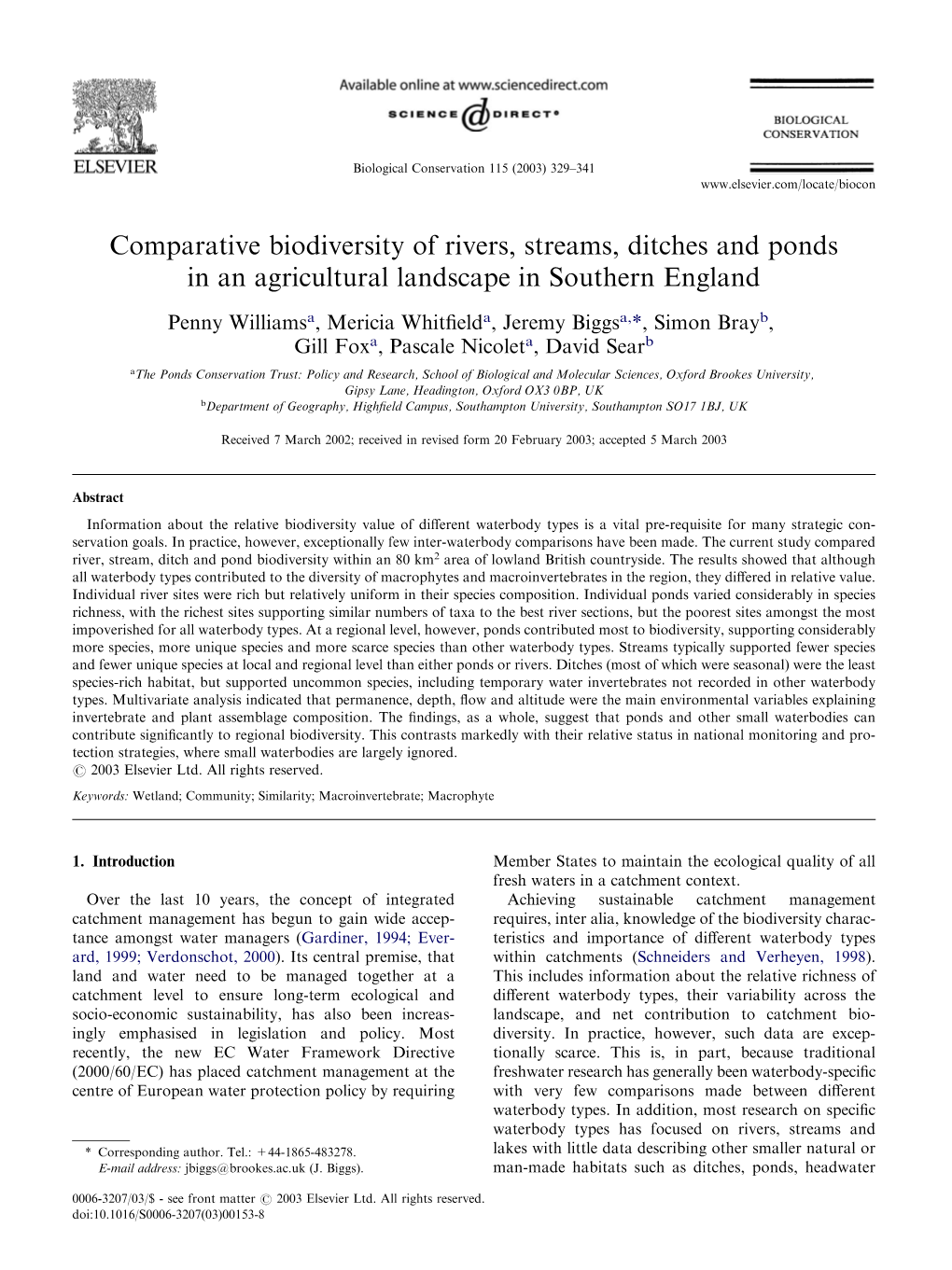 Comparative Biodiversity of Rivers, Streams, Ditches and Ponds in an Agricultural Landscape in Southern England