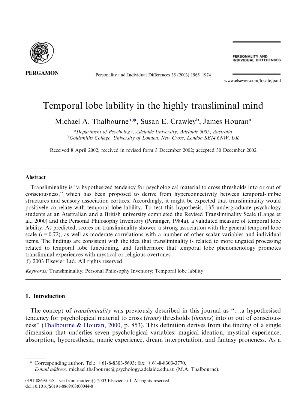 Temporal Lobe Lability in the Highly Transliminal Mind