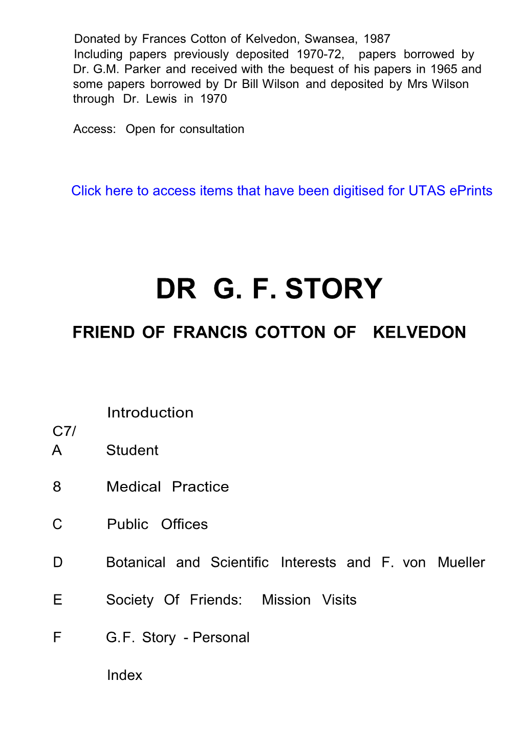 Reference to the Index of Dr George Fordyce Story a Medical Practitioner