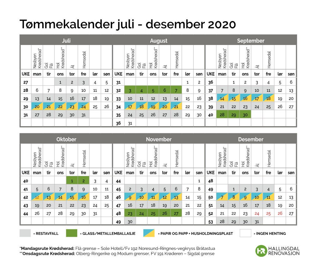 Tømmekalender Juli - Desember 2020