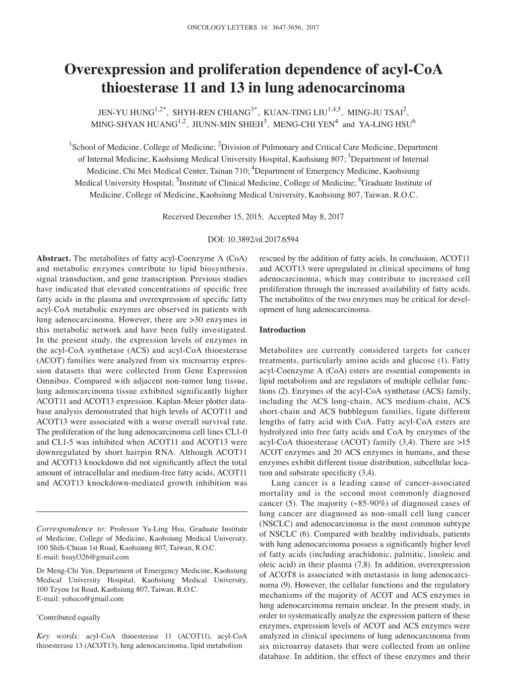 Overexpression and Proliferation Dependence of Acyl‑Coa Thioesterase 11 and 13 in Lung Adenocarcinoma