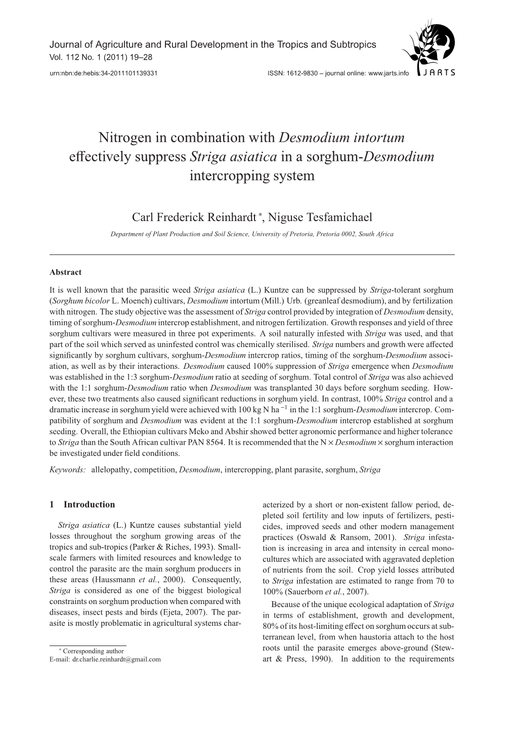 Desmodium Intortum Eﬀectively Suppress Striga Asiatica in a Sorghum-Desmodium Intercropping System