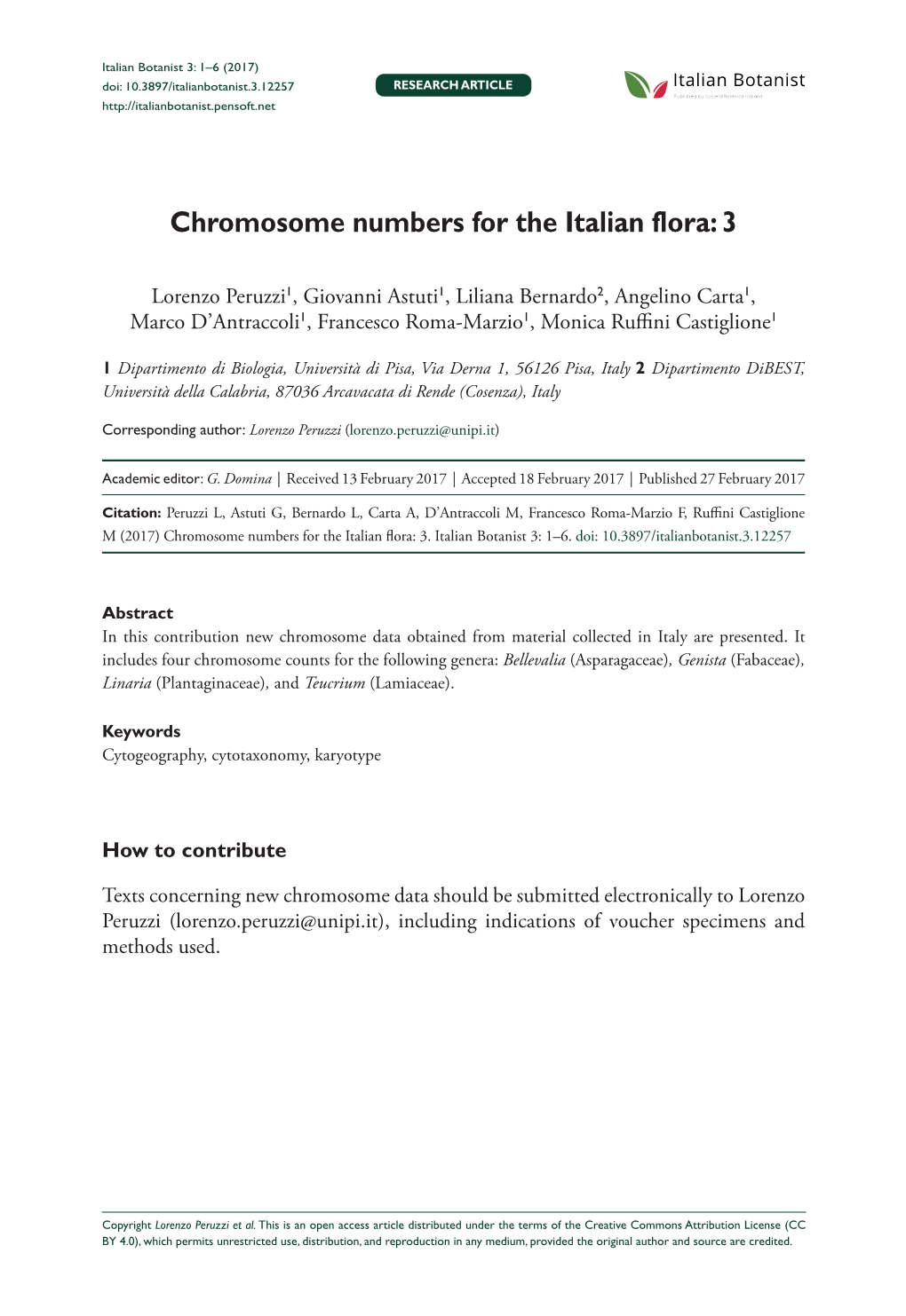 Chromosome Numbers for the Italian Flora: 3 1 Doi: 10.3897/Italianbotanist.3.12257 RESEARCH ARTICLE