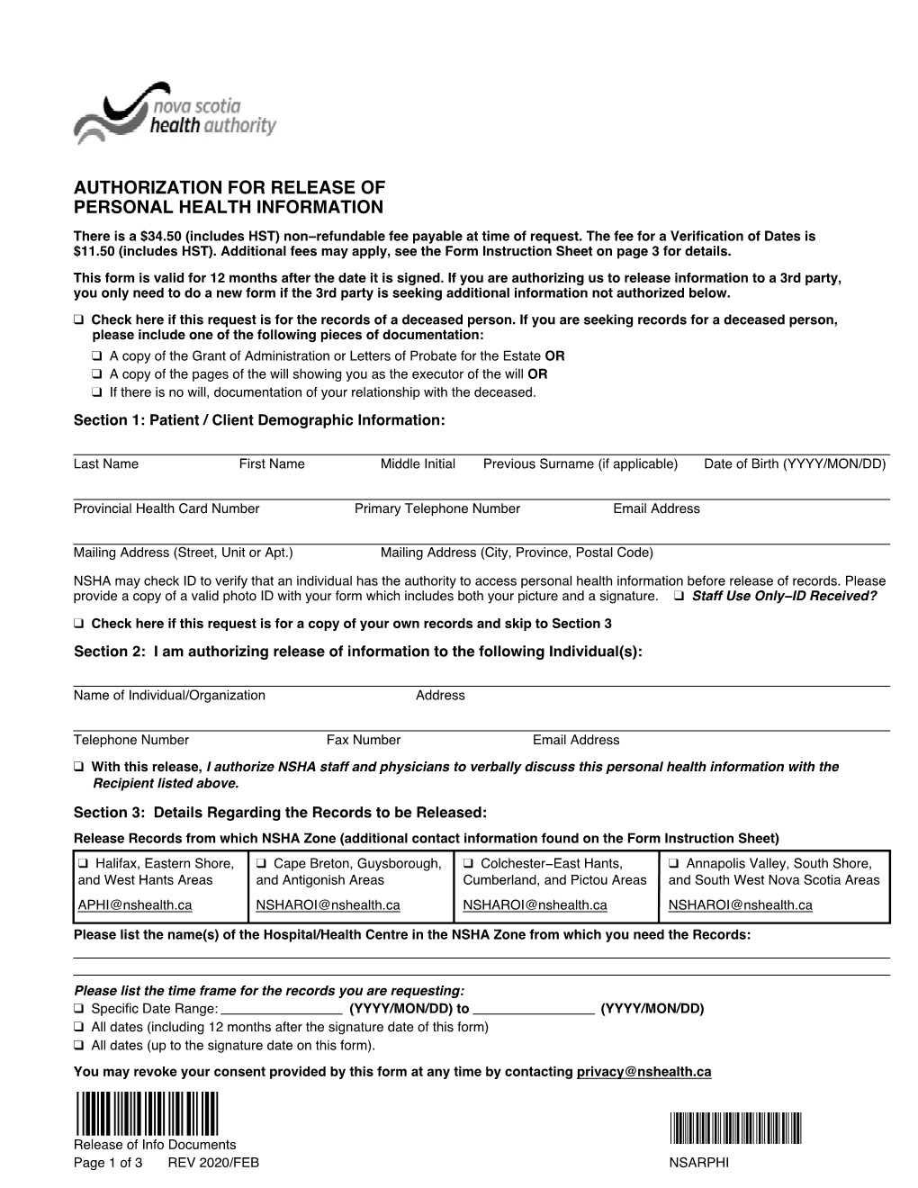 NSHA Authorization for Release of Personal Health Information.Pdf