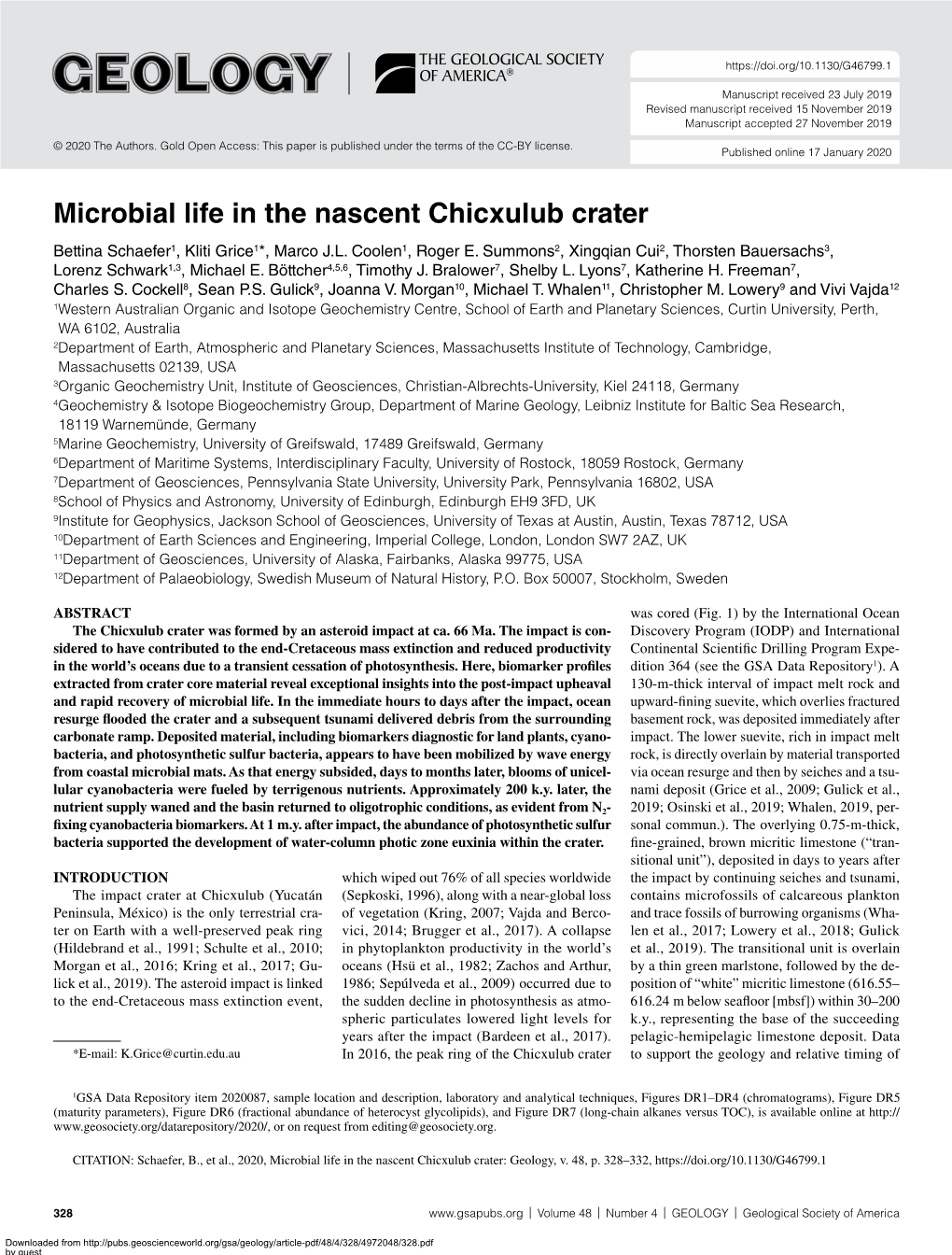 Microbial Life in the Nascent Chicxulub Crater Bettina Schaefer1, Kliti Grice1*, Marco J.L