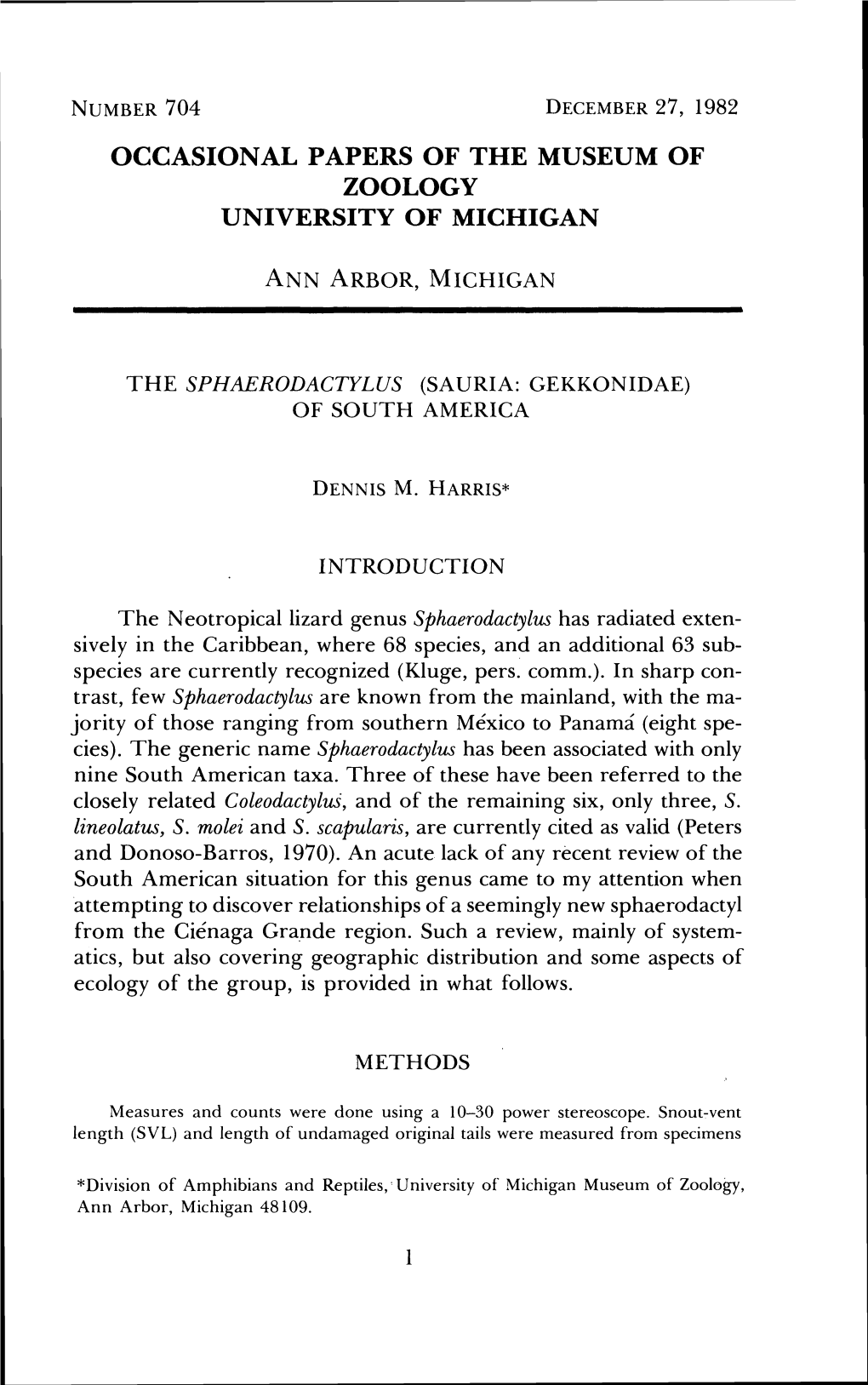 Occasional Papers of the Museum of Zoology University of Michigan