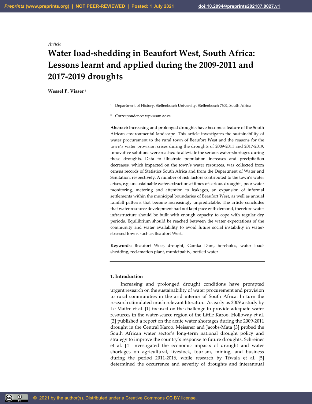 Water Load-Shedding in Beaufort West, South Africa: Lessons Learnt and Applied During the 2009-2011 and 2017-2019 Droughts