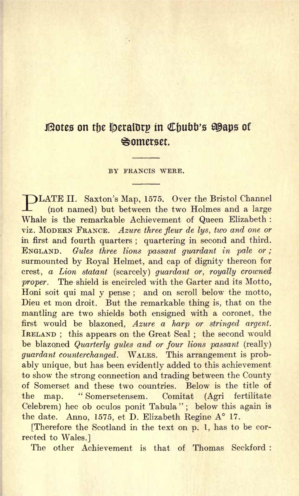 Were, F, Notes on the Heraldry in Chubb's Maps of Somerset, Part II, Volume 61