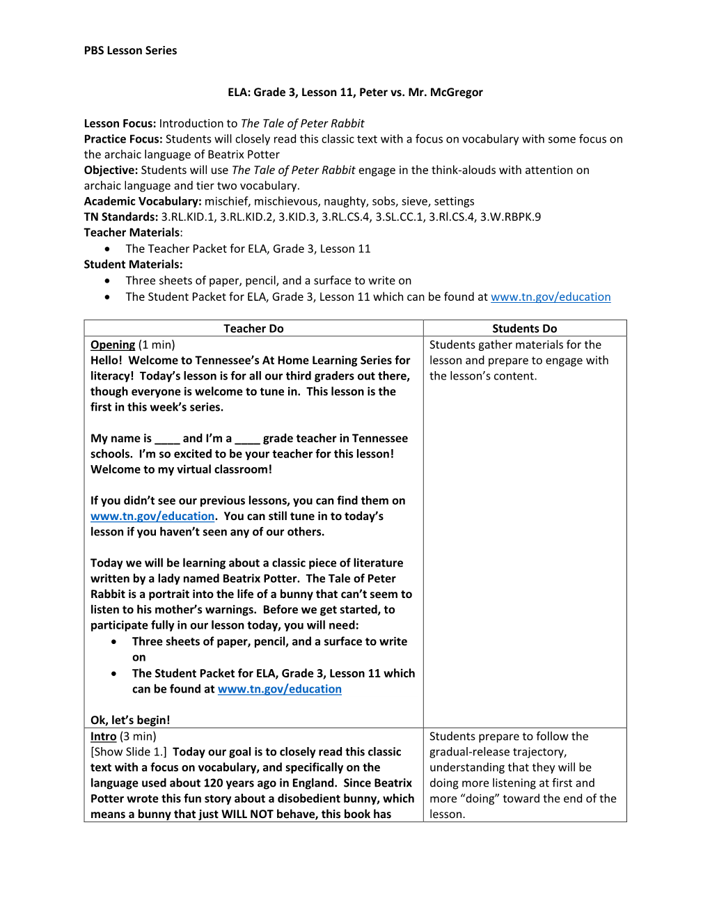 Grade 3, Lesson 11, Peter Vs. Mr. Mcgregor Lesson Focus