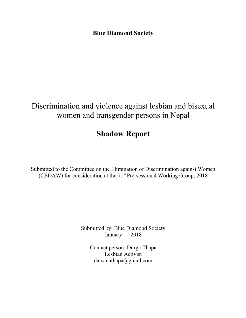 Discrimination and Violence Against Lesbian and Bisexual Women and Transgender Persons in Nepal