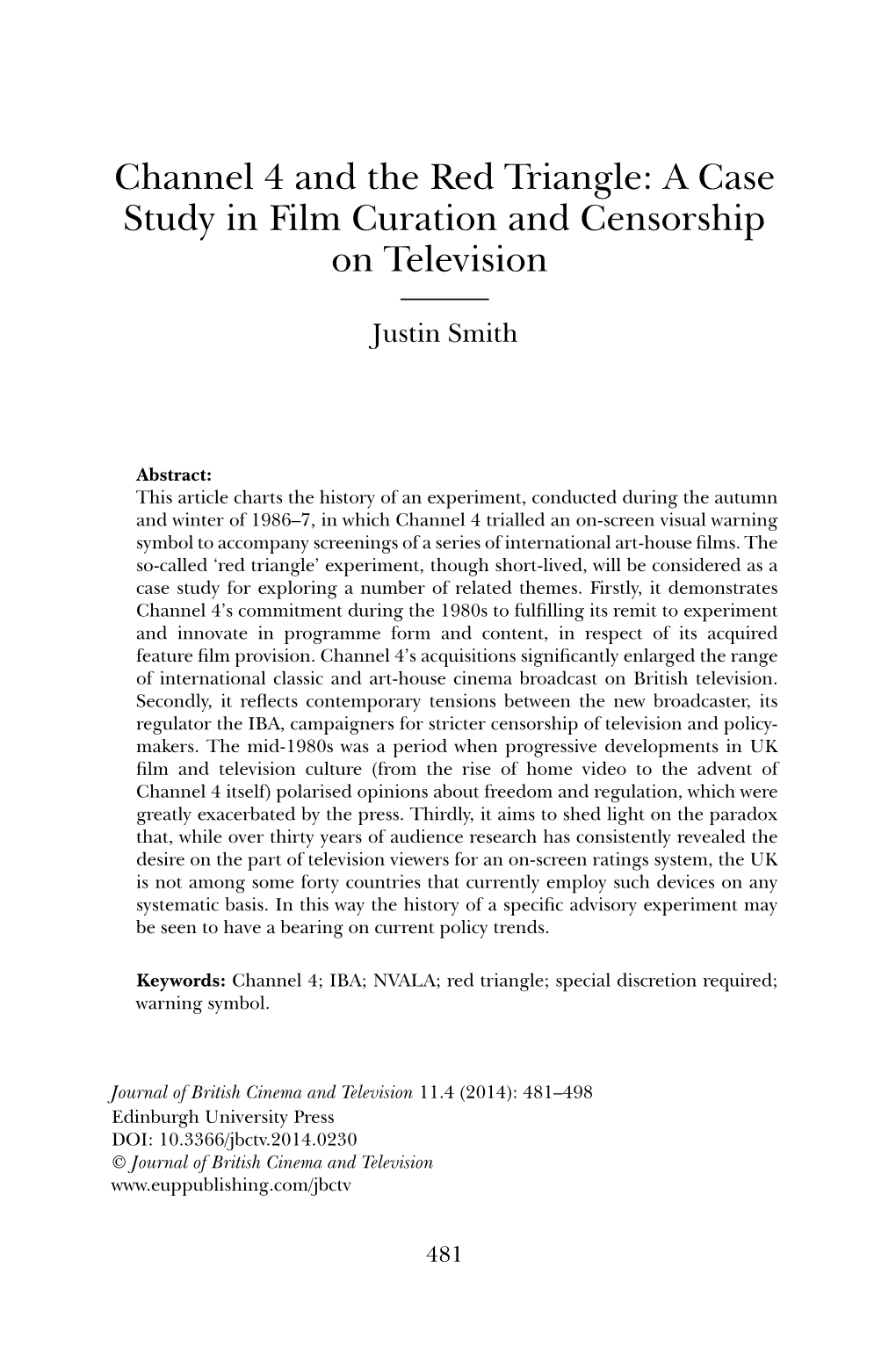 Channel 4 and the Red Triangle: a Case Study in Film Curation and Censorship on Television