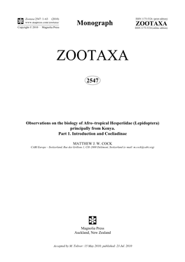 Zootaxa, Observations on the Biology of Afro–Tropical Hesperiidae