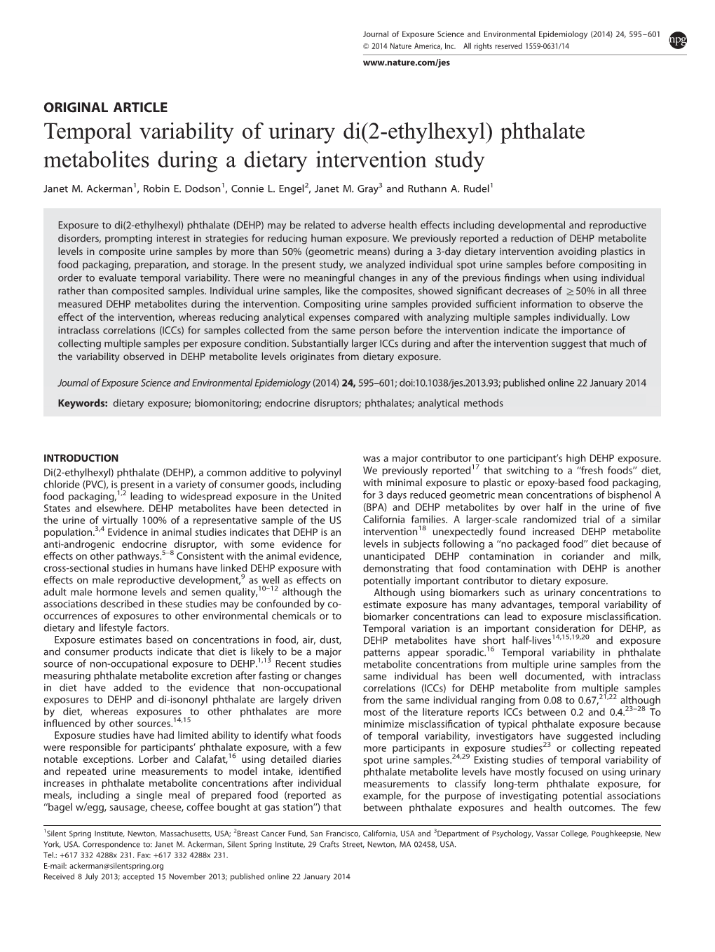 Temporal Variability of Urinary Di(2-Ethylhexyl) Phthalate Metabolites During a Dietary Intervention Study