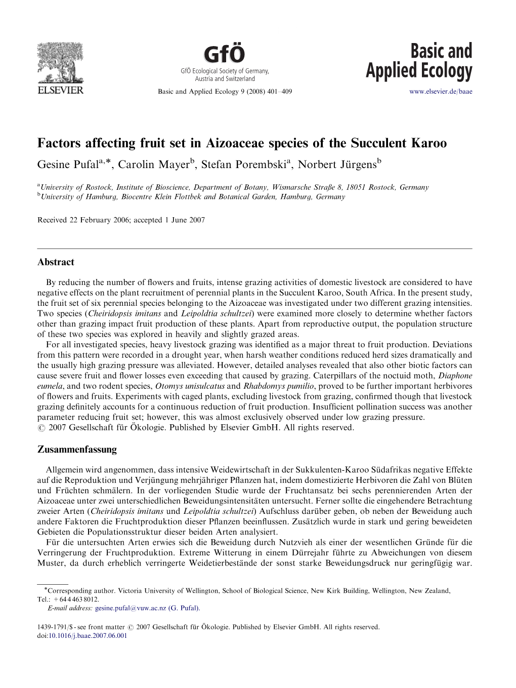 Factors Affecting Fruit Set in Aizoaceae Species of the Succulent Karoo