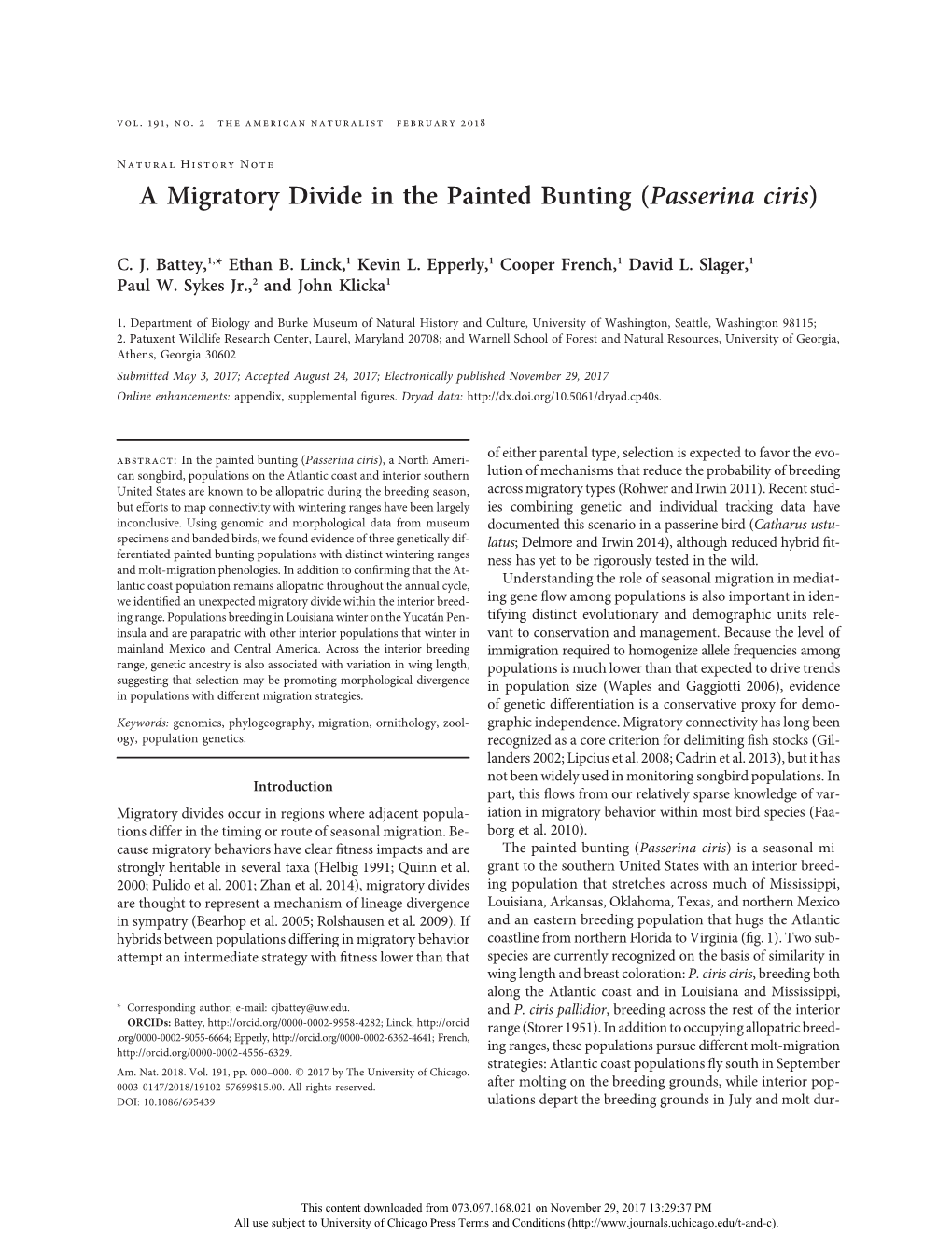 A Migratory Divide in the Painted Bunting (Passerina Ciris)