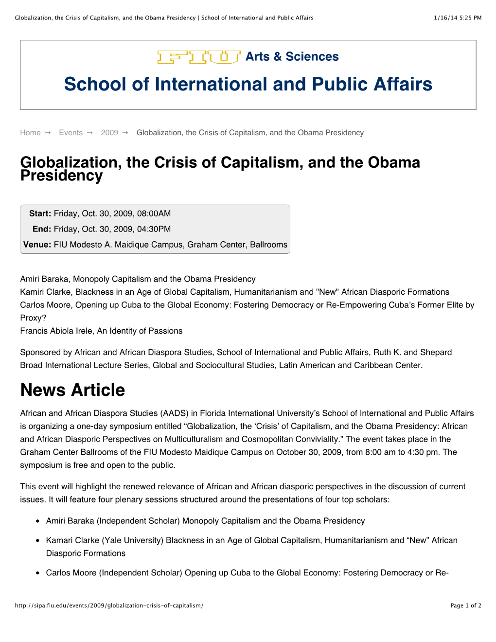 Globalization, the Crisis of Capitalism, and the Obama Presidency | School of International and Public Affairs 1/16/14 5:25 PM