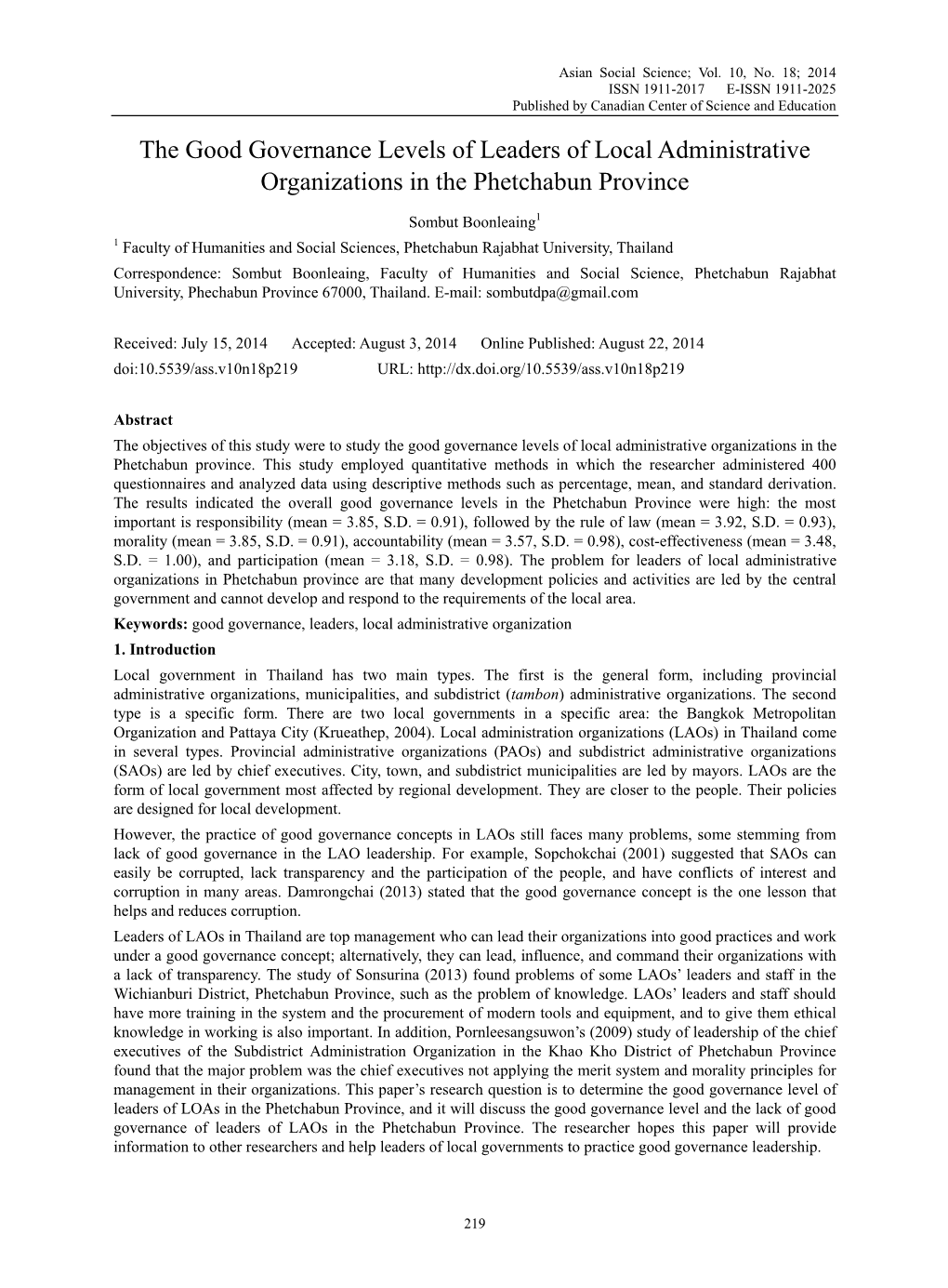 The Good Governance Levels of Leaders of Local Administrative Organizations in the Phetchabun Province