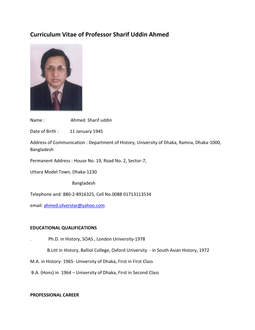 Curriculum Vitae of Professor Sharif Uddin Ahmed