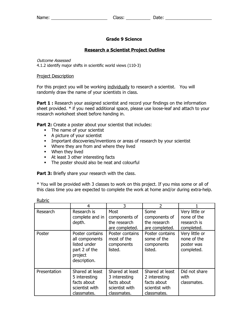 Research a Scientist Project Outline