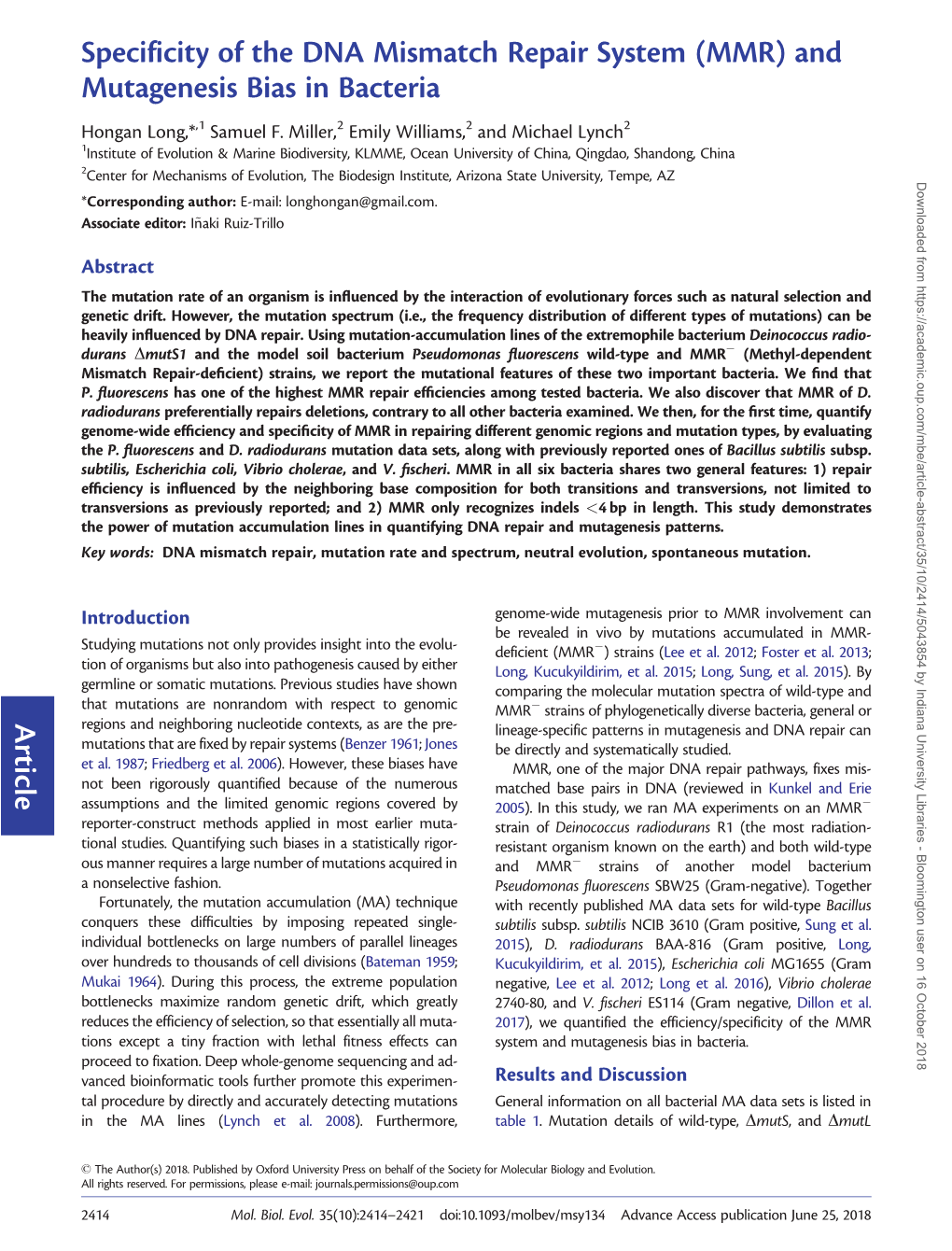 Specificity of the DNA Mismatch Repair System (MMR) and Mutagenesis Bias in Bacteria Hongan Long,*,1 Samuel F