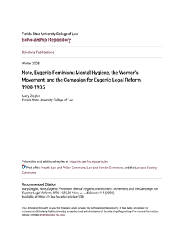 Note, Eugenic Feminism: Mental Hygiene, the Women's Movement, and the Campaign for Eugenic Legal Reform, 1900-1935