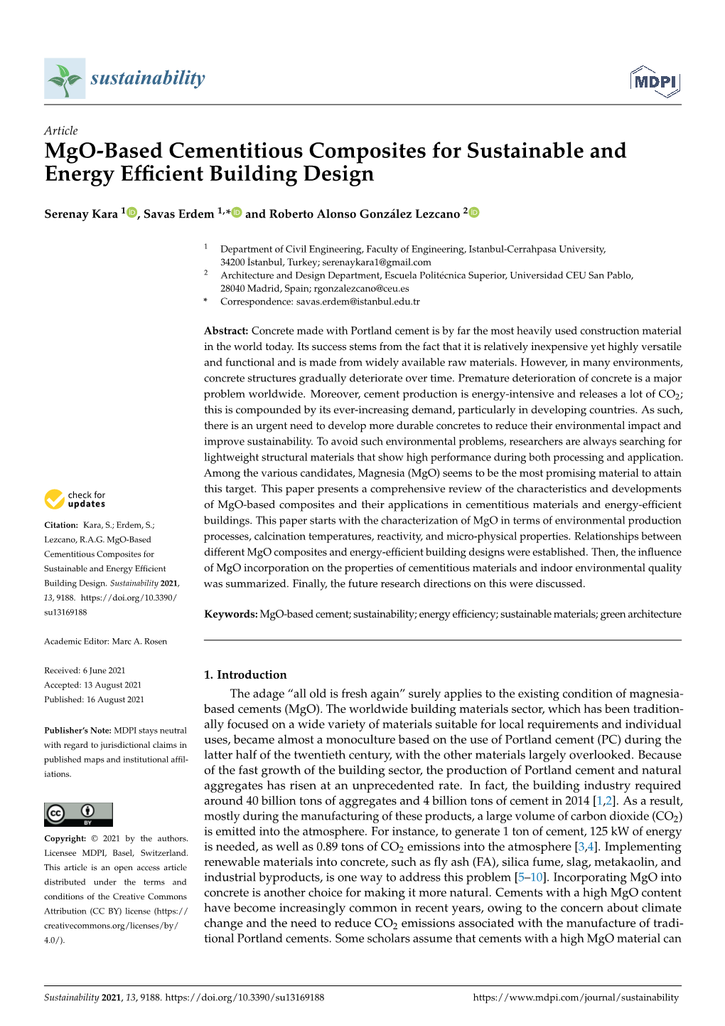 Mgo-Based Cementitious Composites for Sustainable and Energy Efﬁcient Building Design