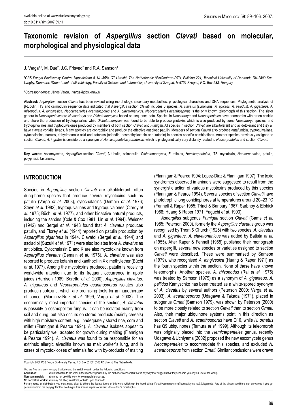 Taxonomic Revision of Aspergillus Section Clavati Based on Molecular, Morphological and Physiological Data