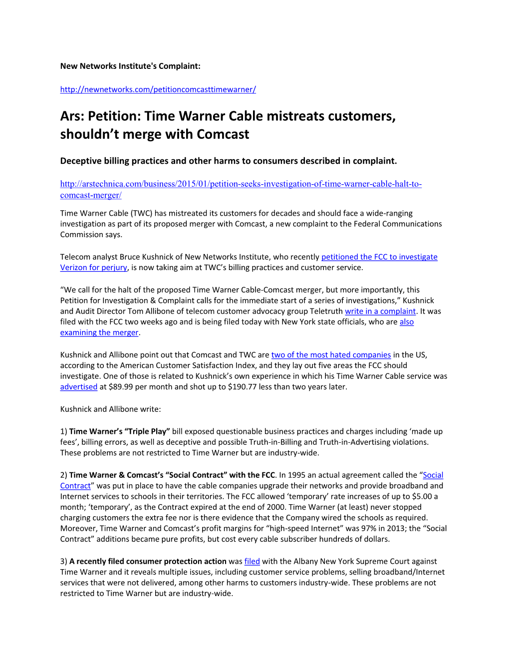 Petition: Time Warner Cable Mistreats Customers, Shouldn't Merge With