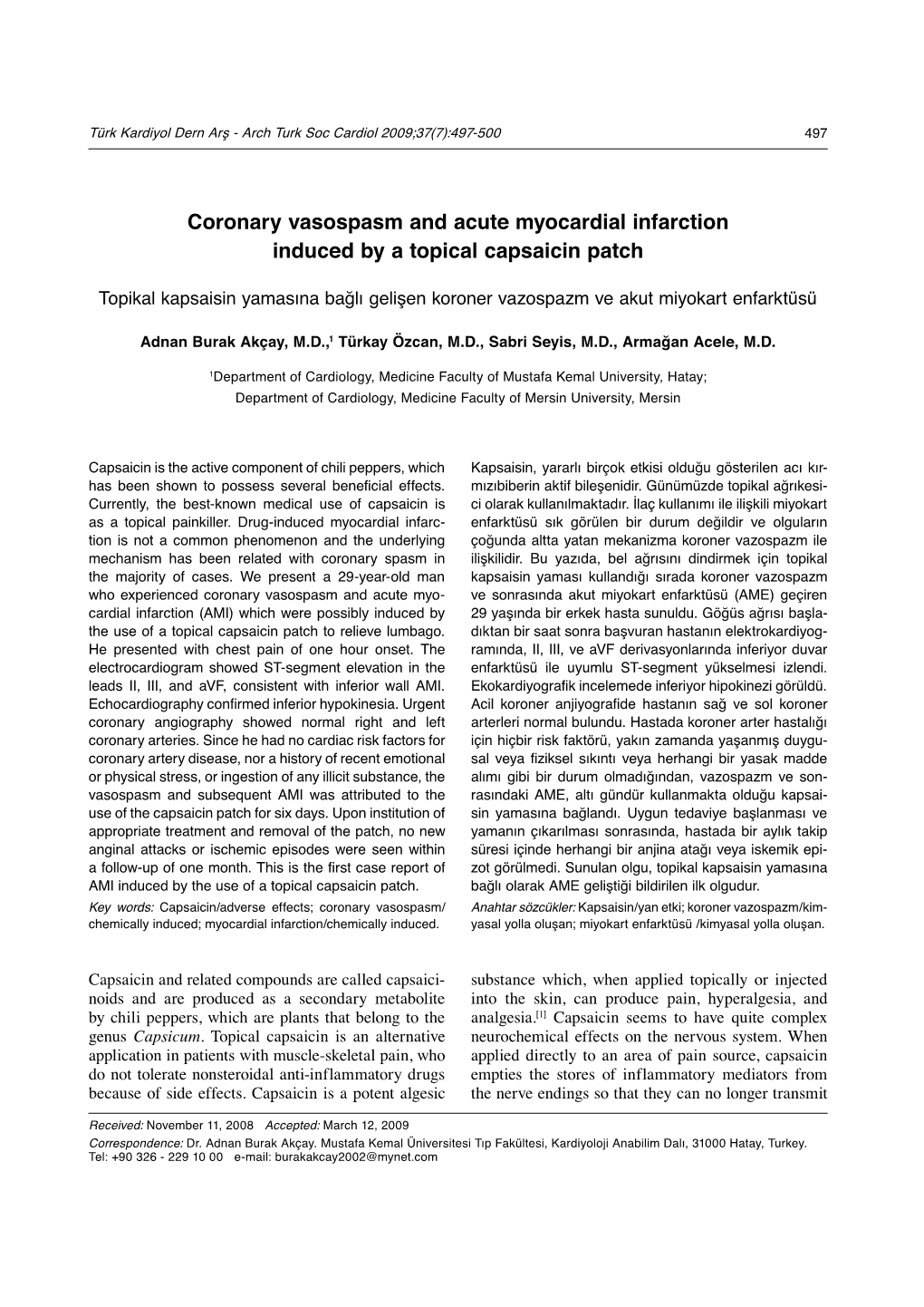 Coronary Vasospasm and Acute Myocardial Infarction Induced by a Topical Capsaicin Patch