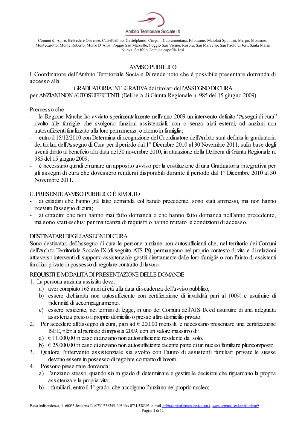 AVVISO PUBBLICO Il Coordinatore Dell'ambito Territoriale Sociale