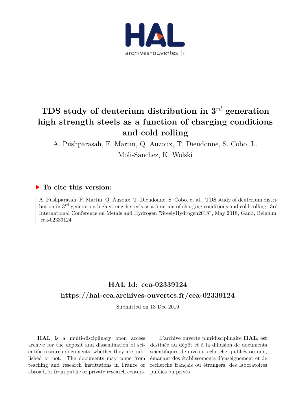 TDS Study of Deuterium Distribution in 3Rd Generation High Strength Steels As a Function of Charging Conditions and Cold Rolling A