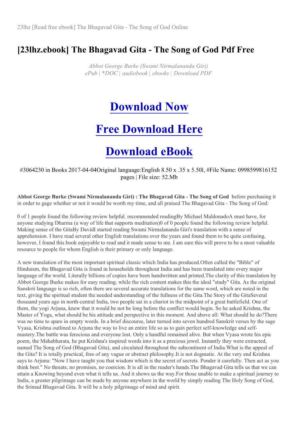 23Lhz [Read Free Ebook] the Bhagavad Gita - the Song of God Online