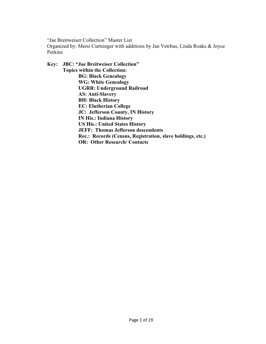 Jae Breitweiser Collection” Master List Organized By: Mersi Curtsinger with Additions by Jan Vetrhus, Linda Roaks & Joyce Perkins