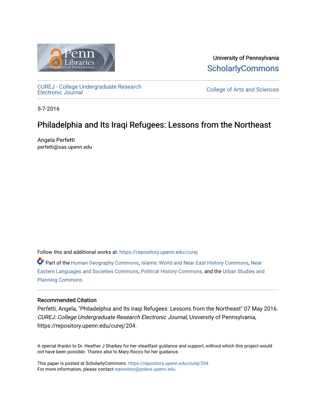 Philadelphia and Its Iraqi Refugees: Lessons from the Northeast